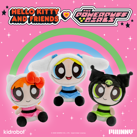 Hello Kitty® and Friends x The Powerpuff Girls - Blossom as Hello Kitty®, Bubbles as Cinnamoroll™, and Buttercup as Kuromi™ Phunny Plush Bundle 3-Pack (PRE-ORDER)