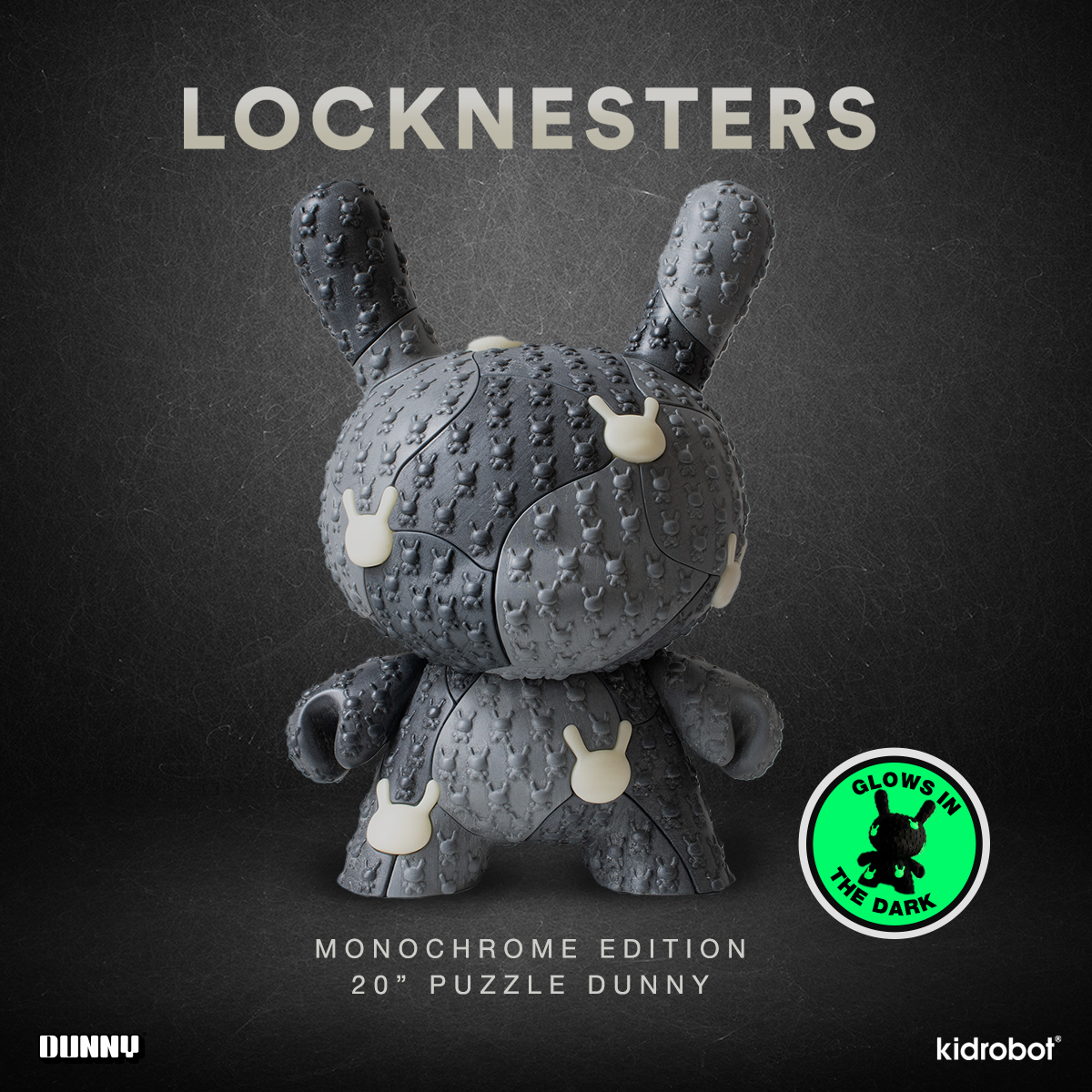 Kidrobot x Locknesters Puzzle Dunny 20" Glow-in-the-Dark Art Figure - Monochrome Edition - Kidrobot.com Exclusive (Limited Edition of 20)