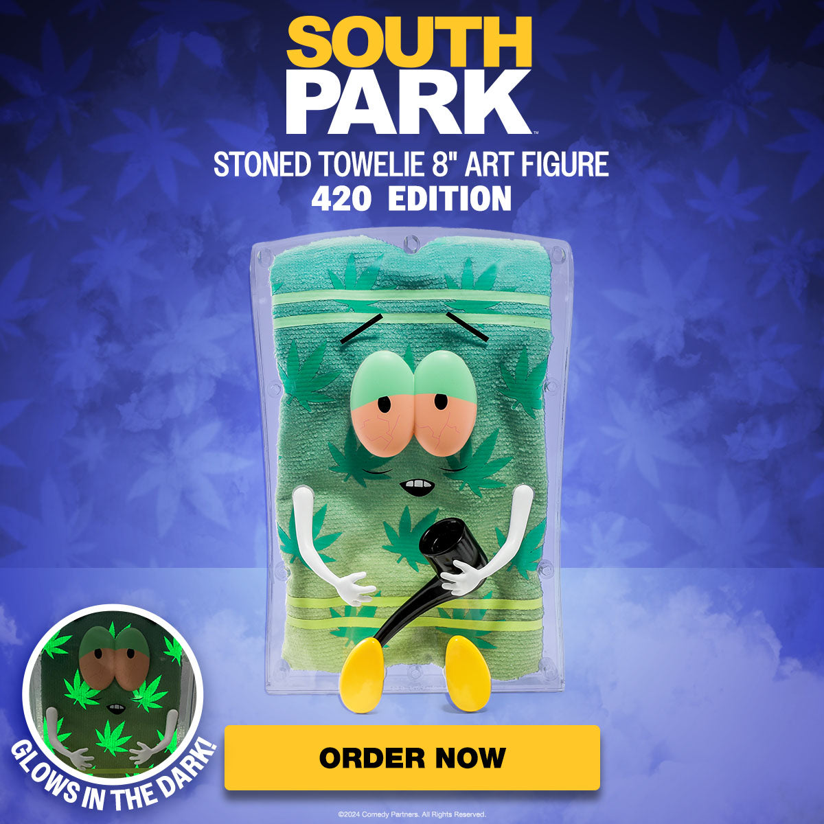 South Park Stoned Towelie with Pipe Glow-in-the-Dark Pot Leaf 8” Art Figure - 420 Edition - SOLD OUT